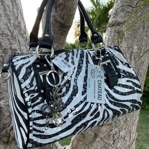 Bijoux Terner Black & White Zebra Sequin Satchel with Jeweled Charm